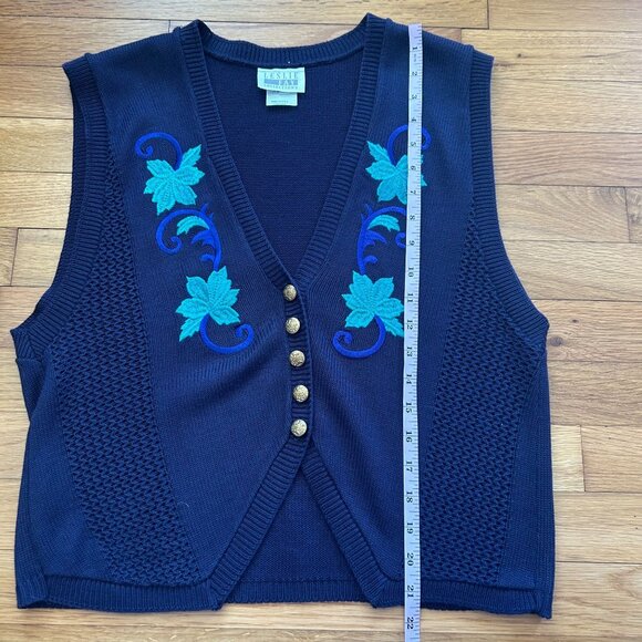 Leslie Fay Navy Knit Sweater Vest With Embroidered Teal Leaves & Gold Buttons - Picture 7 of 8